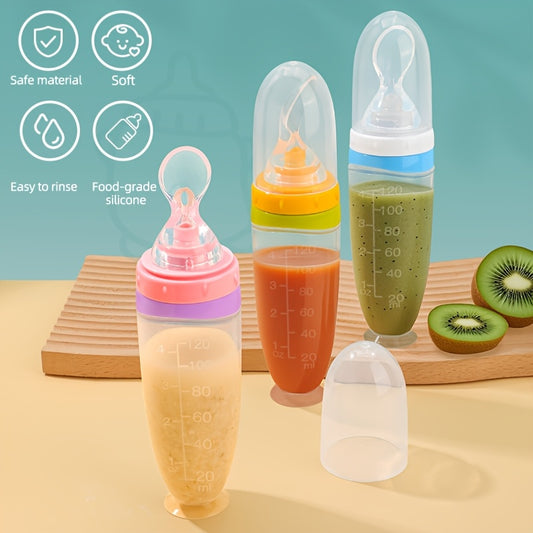 Heytutu 120ml/4oz Infant Baby Liquid Silicone Food Squeeze Feeder - Detachable Spoon & Non-Slip Suction Base, Single-Hand Feeding Design for Fruit Puree, Rice Paste, Complementary Food, Easy-Clean & Portable for Home & Travel, Travel Baby Feeder, Playful