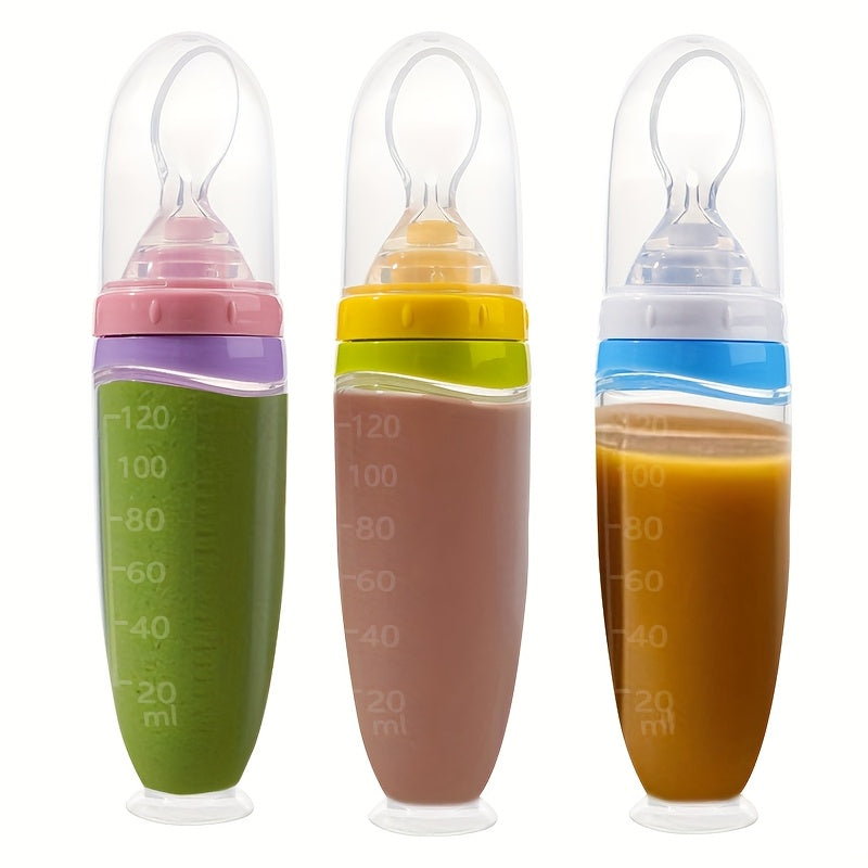 Heytutu 120ml/4oz Infant Baby Liquid Silicone Food Squeeze Feeder - Detachable Spoon & Non-Slip Suction Base, Single-Hand Feeding Design for Fruit Puree, Rice Paste, Complementary Food, Easy-Clean & Portable for Home & Travel, Travel Baby Feeder, Playful