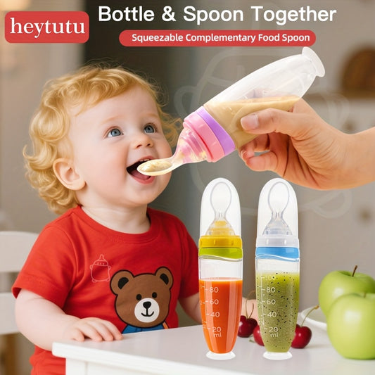 Heytutu 120ml/4oz Infant Baby Liquid Silicone Food Squeeze Feeder - Detachable Spoon & Non-Slip Suction Base, Single-Hand Feeding Design for Fruit Puree, Rice Paste, Complementary Food, Easy-Clean & Portable for Home & Travel, Travel Baby Feeder, Playful