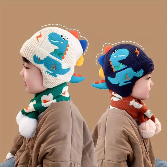 Youngsters Dinosaur Knit Hat with Plush Ear flaps - Soft Winter Beanie for Boys & Girls Ages 3-10, Warm Christmas & Halloween Party Hat - Easy-Care Knit Construction (Hand Washable) - Lightweight Cold Weather Clothing, Whimsical Youngsters Fashion