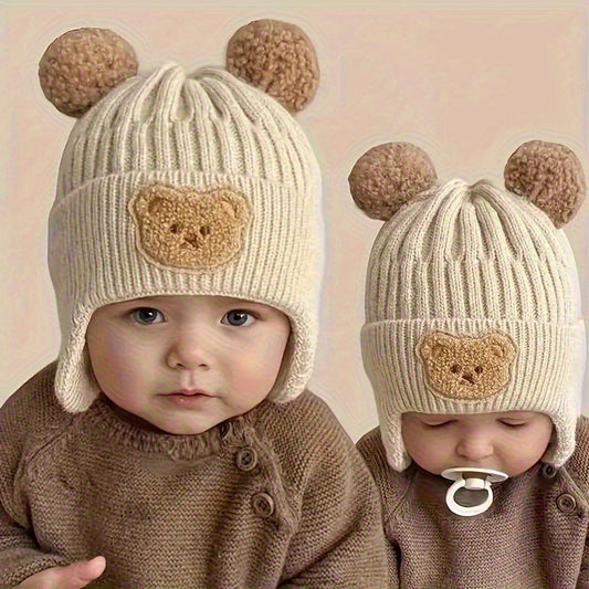 1pc Winter Cartoon Bear Ear Fleece Hat - Adjustable Elastic Buckle Closure, Lightweight Warm Knit Cap for Toddlers, Hand Wash Only, Khaki Color, Christmas Gift, Suitable for Boys and Girls, Perfect for Outdoor