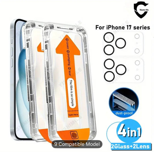 4-in-1 2pcs HD Tempered Glass Screen Protector + 2pcs Lens Protective Film, 9H Hardness, Compatible with iPhone 17 Air/16 Plus/17/Pro/Pro Max Series,